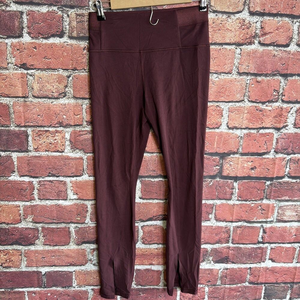 Athleta Aura Split Pant Women M High Rise Ribbed Waist Leggings Burgundy Plum